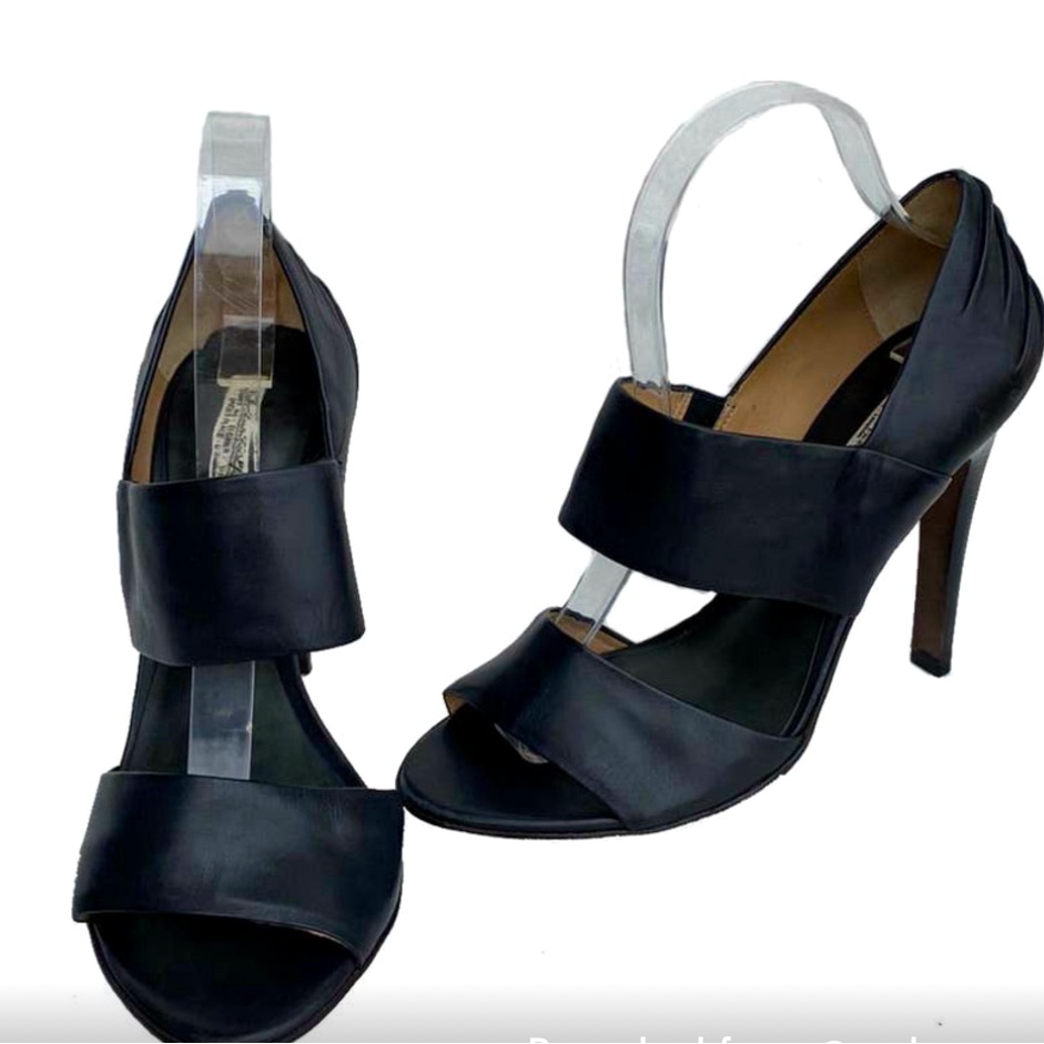 All Saints Spitalfields Black Leather Wide Strap Open Toe Ruched Sandal Sz 39